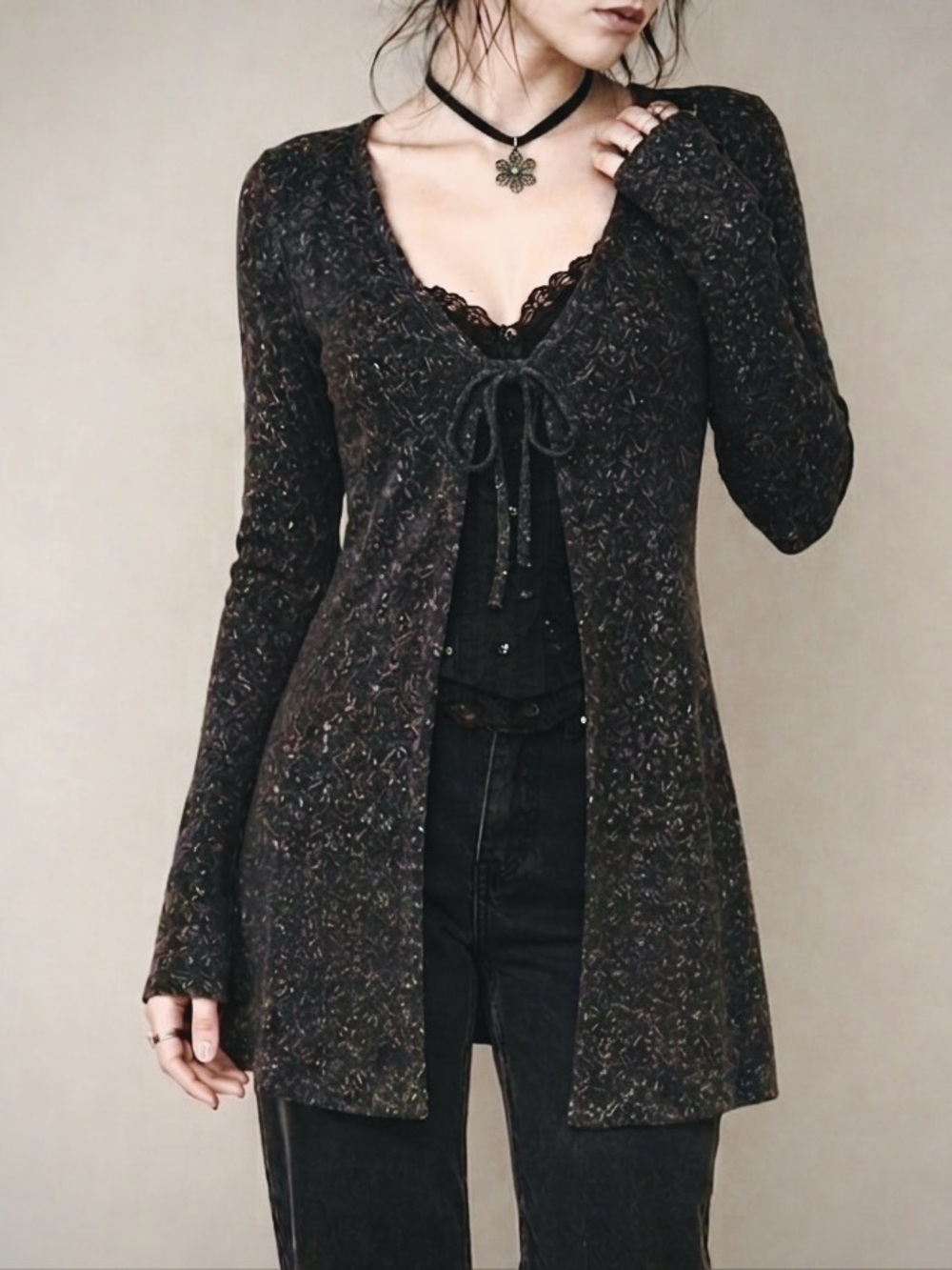 Vtg iZ Byer California Charcoal Tie Front Duster Cardigan Y2K Whimsigoth Jr Med.